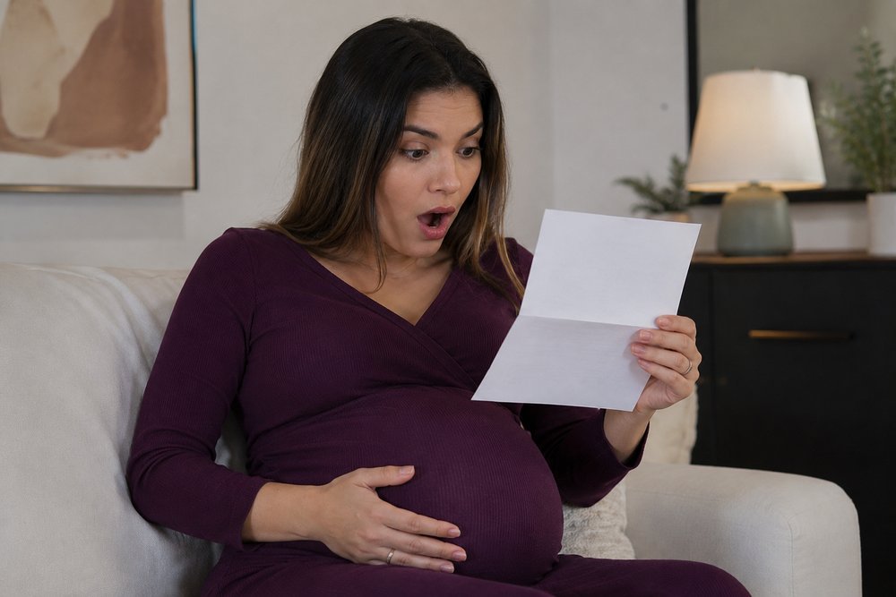 Gestante lendo carta com surpresa e alegria